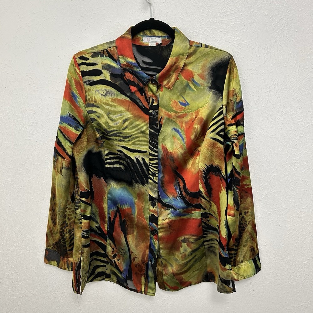 90s Y2K VTG All Over Print Shiny Lame Shirt Colorful Sheer Cutouts Abstract Sz M